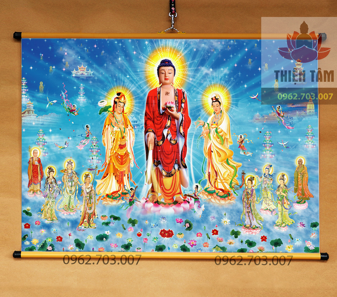 [NHIỀU MẪU] Tranh Tây Phương Cực Lạc treo tường khổ lớn bằng vải phủ bóng cao cấp dày dặn 70x50cm