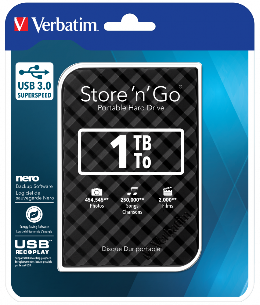 Ổ cứng di động Verbatim 2.5' USB 3.0 1TB (Đen + Xanh Dương)
