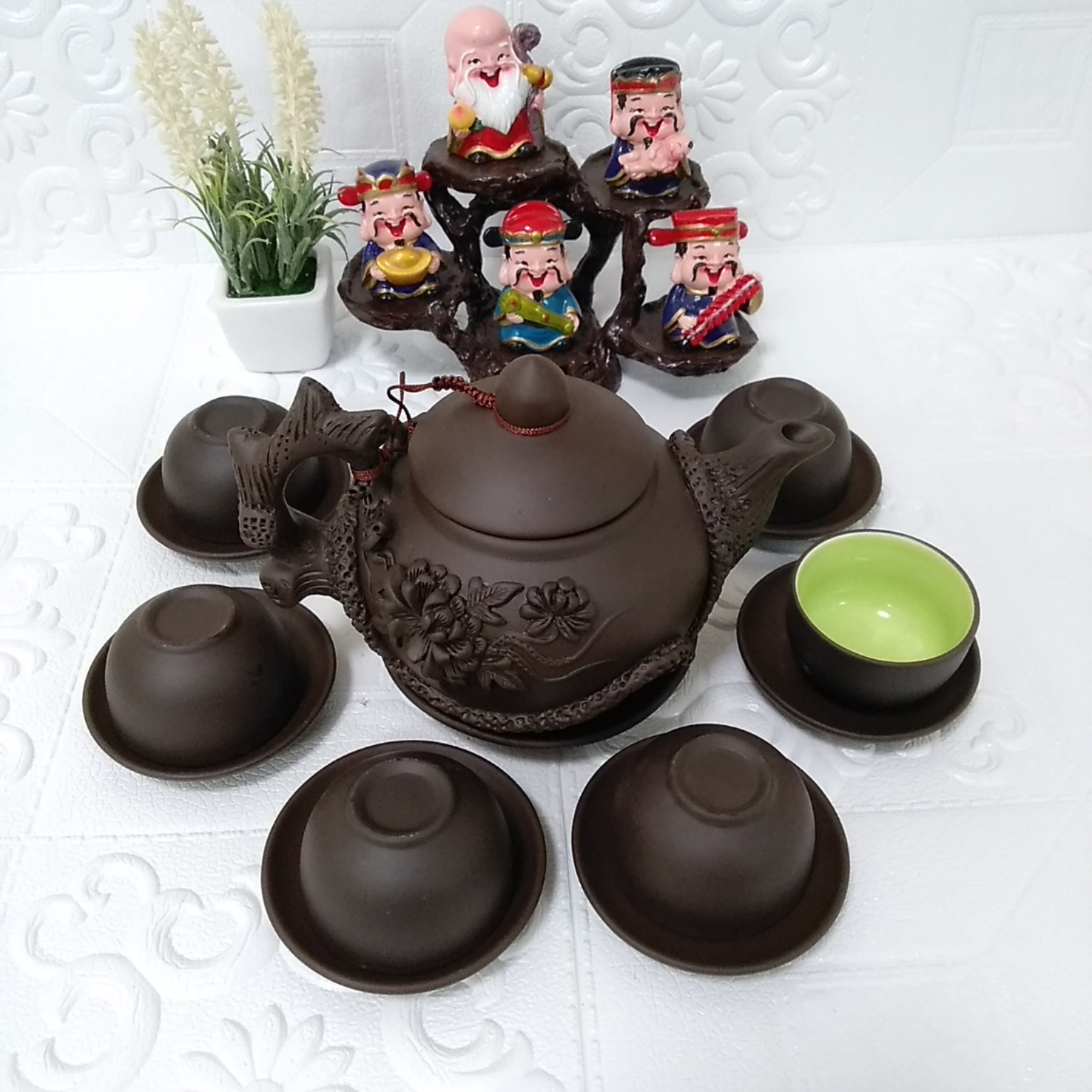 Bộ ấm chén đất nung Bát Tràng hoa phù dung 400ml màu đen