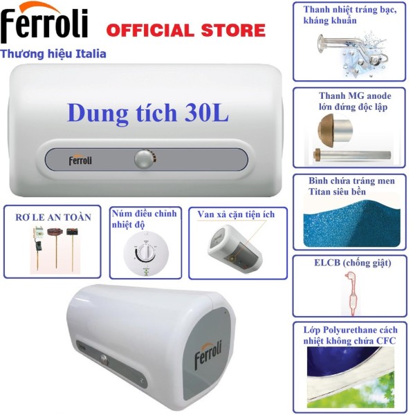 Bảng giá Bình nước nóng Ferroli QQSE, thanh đốt tráng bạc kháng khuẩn (15L/20L/30L)