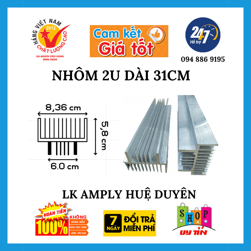 Nhôm 2u, dài 31 cm,  cao 8.5 cm