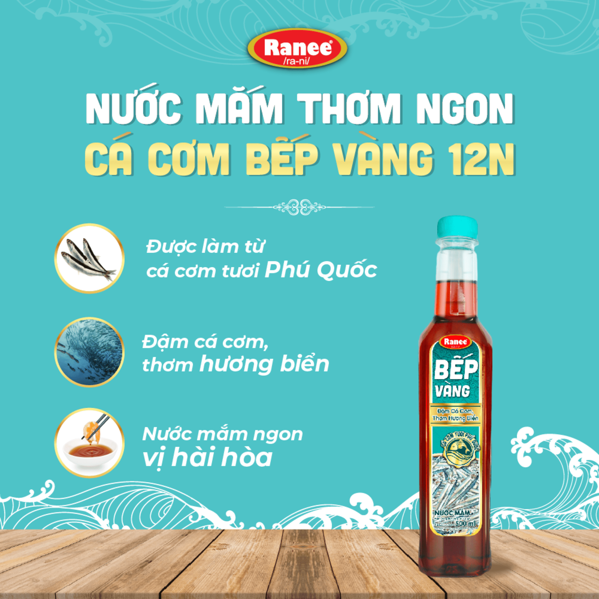{Đơn 199k tặng hộp bơ -399k tặng vá gỗ} Nước mắm thơm ngon Cá Cơm Bếp Vàng 12N 500ml