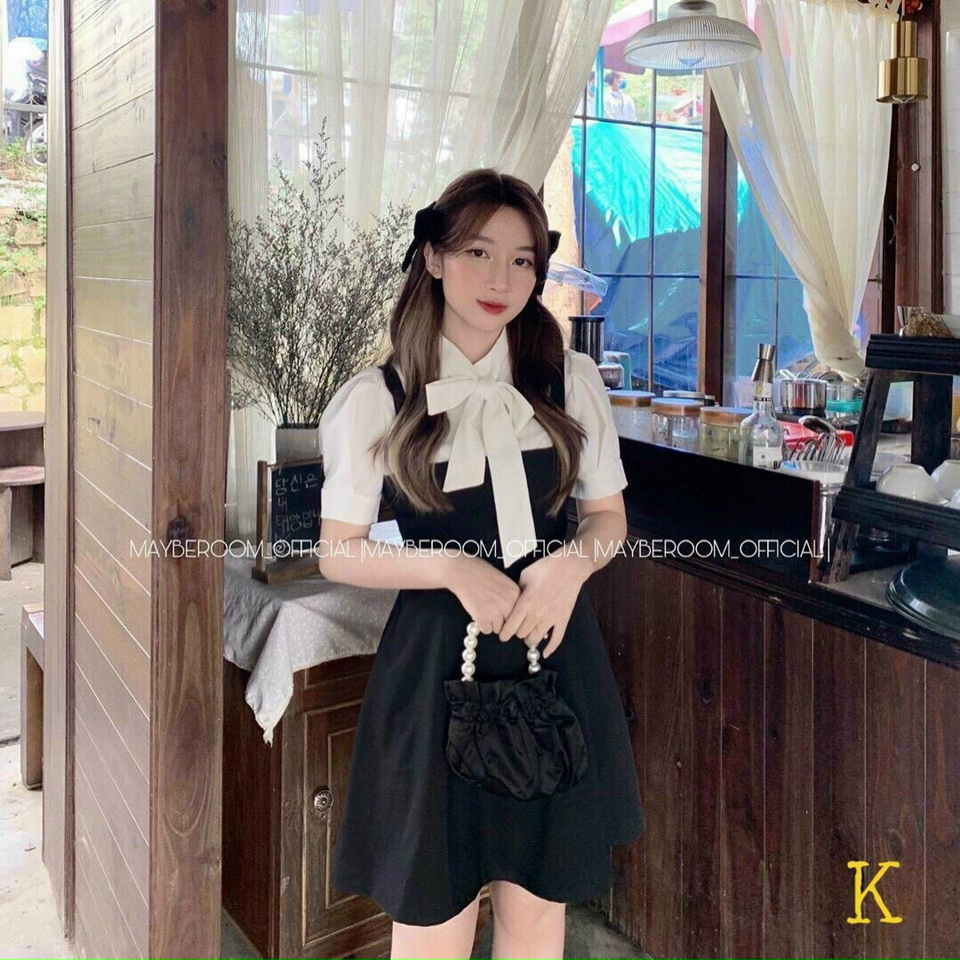 Đầm yếm tiểu thư thắt nơ tay phông xinh xắn