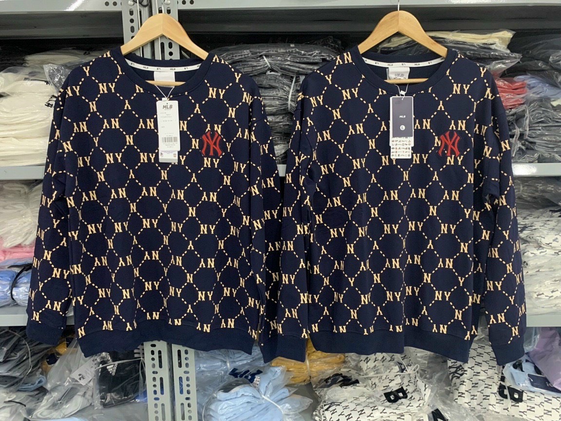Áo thun nỉ sweater monogram NY MLB tay dài thun da cá