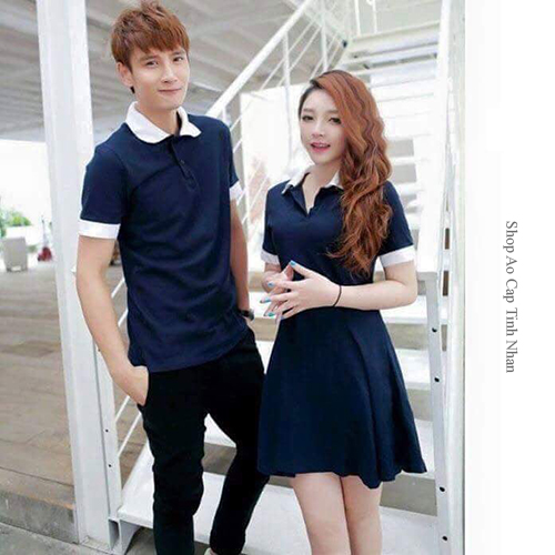 Áo váy thun đôi xanh cổ trắng