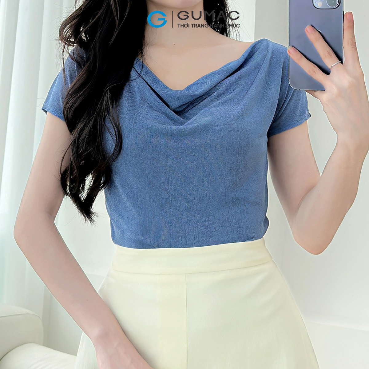 [MUA 2 CHỈ 199K/Áo] Áo Thun Cổ Đổ GUMAC Áo Thun Kiểu Sang Trọng Áo Đi Tiệc Vải Thun Ánh Nhung Co Giãn Tôn Dáng ATE01031