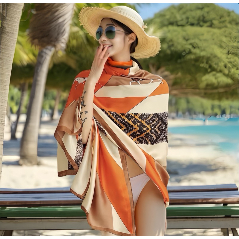 Khăn choàng lụa đi biển quấn bikini - Áo quây khăn lụa - Khăn lụa dài thắt nơ cổ áo công sở Double Care 180x90cm đẹp