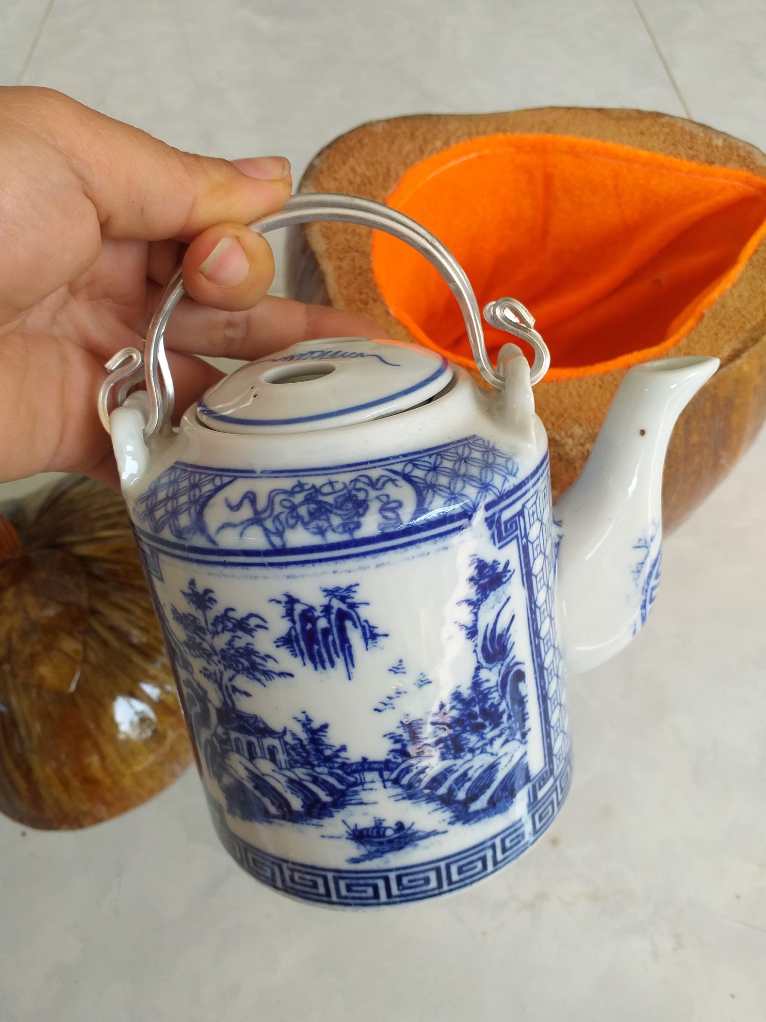 combo quả dừa ủ ấm bình trà kèm bình tích , ấm 0.8 lít