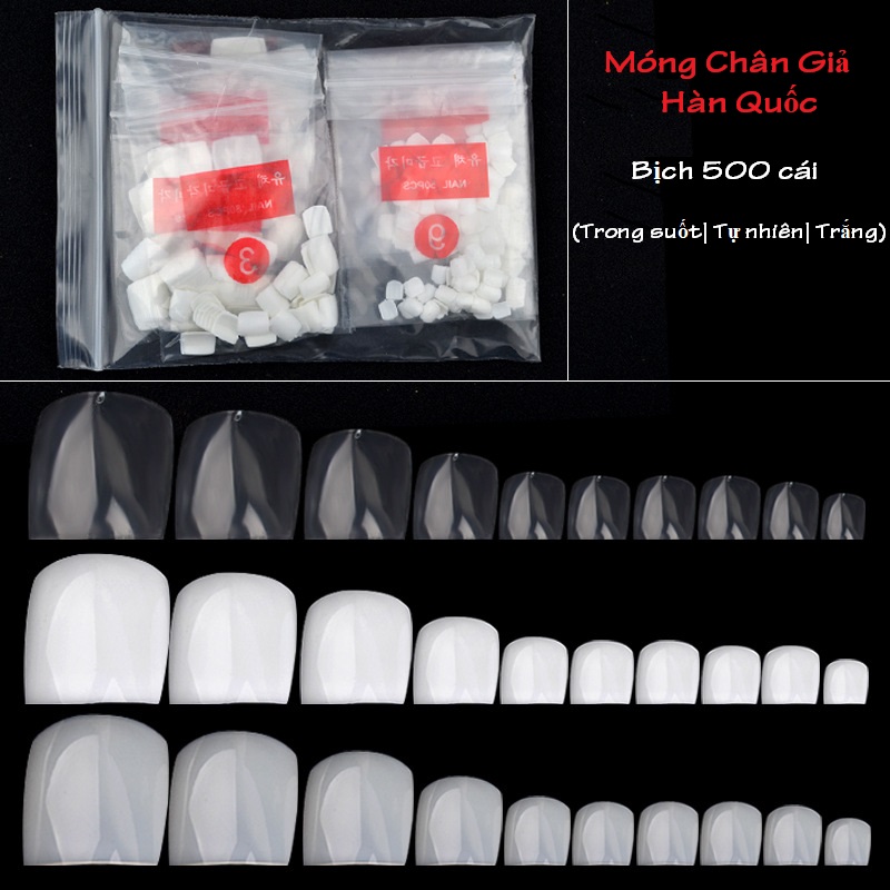 Móng chân giả trong suốt bịch 500 cái (kèm dũa+keo dán)