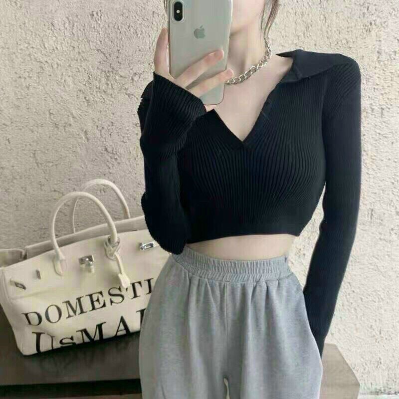 Áo croptop tay dài cổ tim thun gân hở lưng cột nơ xinh xắn MC