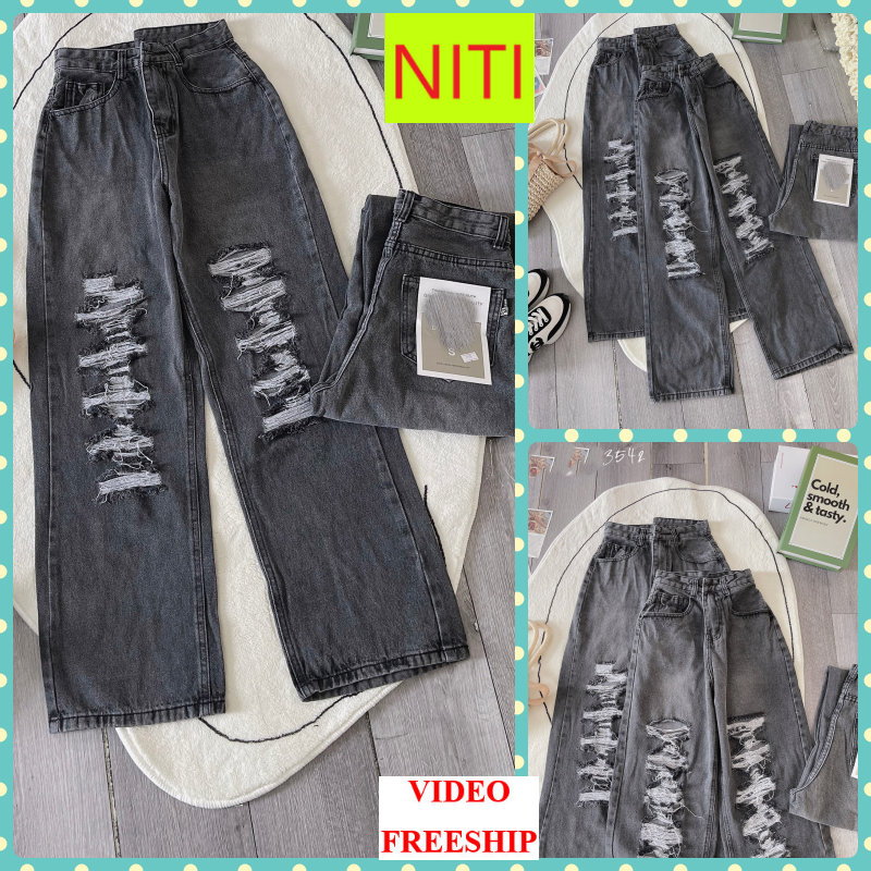 QUẦN JEANS ỐNG RỘNG NỮ LƯNG CAO RÁCH CÀO ĐÙI DÀI DỌC MÀU XÁM NHẠT LAI CUỐN ĐỈNH CAO HOT HIT NITI MỀM MỊN THỜI TRANG ORDM3542