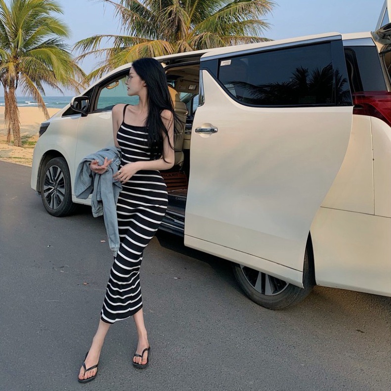 Đầm maxi hai dây kẻ sọc đi biển du lịch thời trang mùa hè dành cho nữ k5t2-2