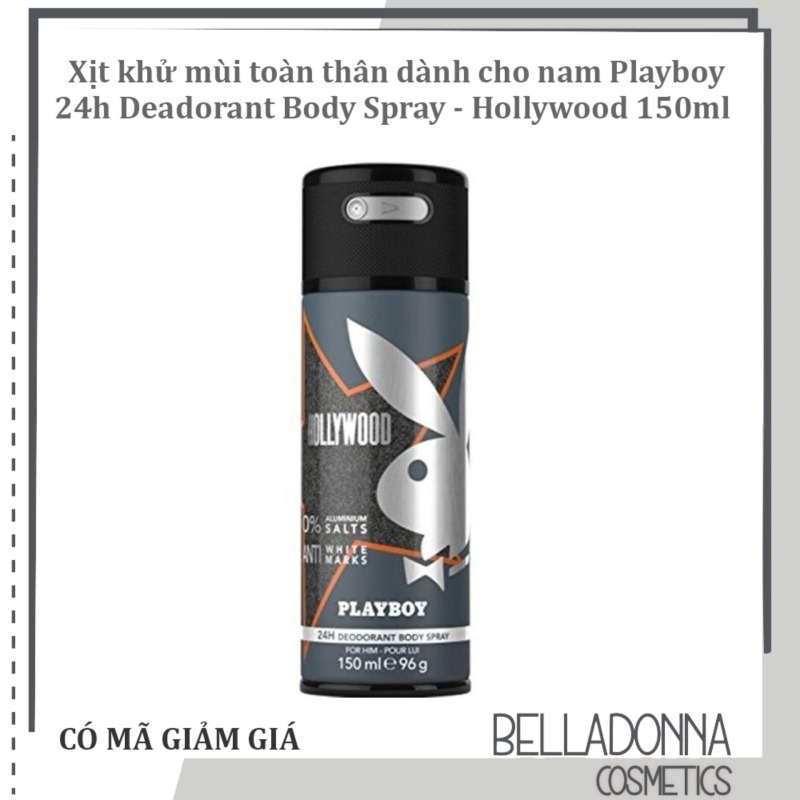 Xịt khử mùi toàn thân dành cho nam Playboy 24h Deadorant Body Spray - Hollywood 150ml