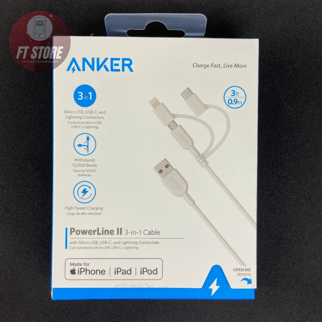 [GIAO HỎA TỐC]Cáp 3 in 1 Anker Powerline II 0.9M-A8436 (-Type C-Micro USB) dành cho IP/tablet táo/Android