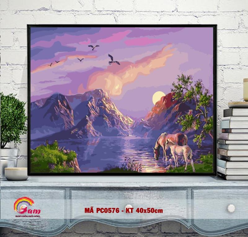 Tranh tự tô màu sơn dầu số hóa DIY Phong cảnh - Mã PC0576 Đôi ngựa Trang trí Phòng khách Nhà bếp Làm quà tặng và Giảm Stress