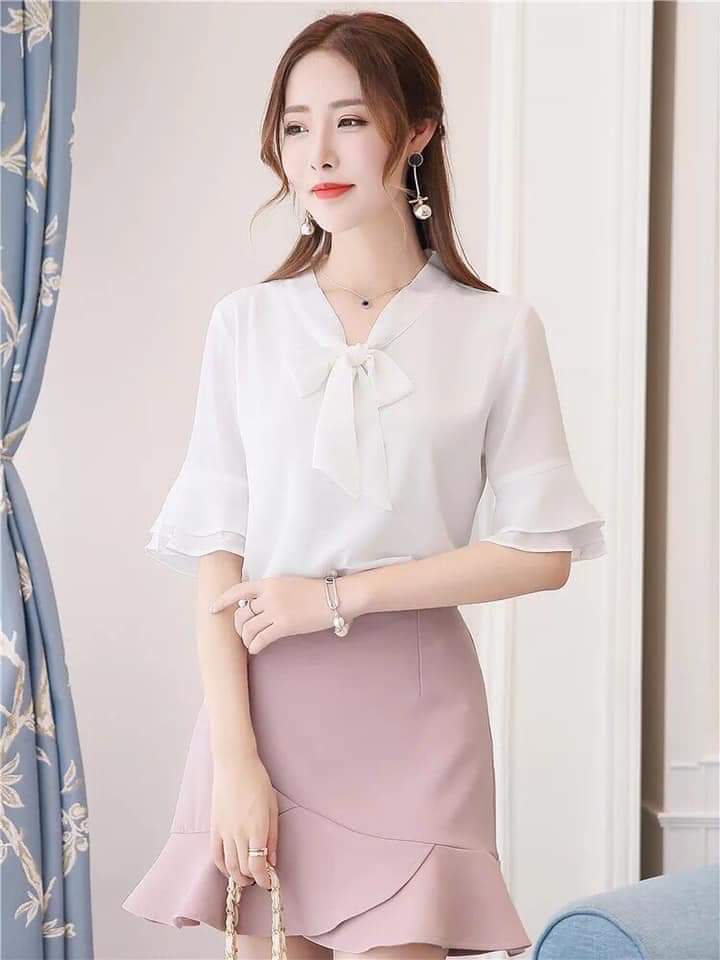 Áo sơ mi nữ 💖 Áo sơ mi nữ kiểu cổ tay loe 2 lớp, cổ áo thắt nơ siêu xinh