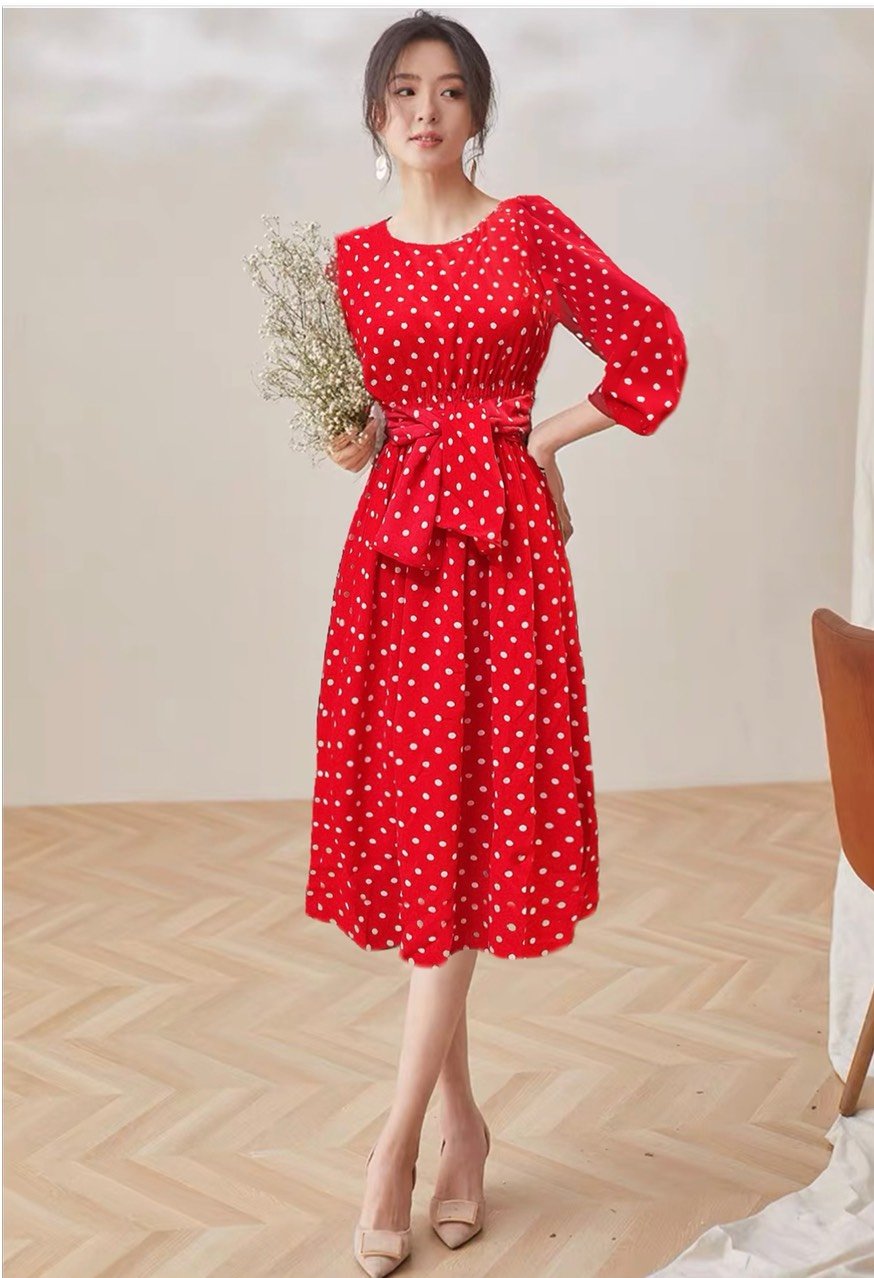Đầm maxi chấm bi chun eo(A433)