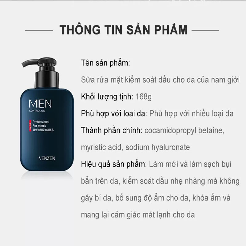 Sữa Rửa Mặt Kiểm Soát Dầu Chuyên Sâu Venzen Làm Sạch Sâu Bã Nhờn Bụi Bẩn, Giữ Da Căng Bóng Mịn Màng, Thu Nhỏ Lỗ Chân Lông Làm Da Trắng Sáng, Săn Chắc