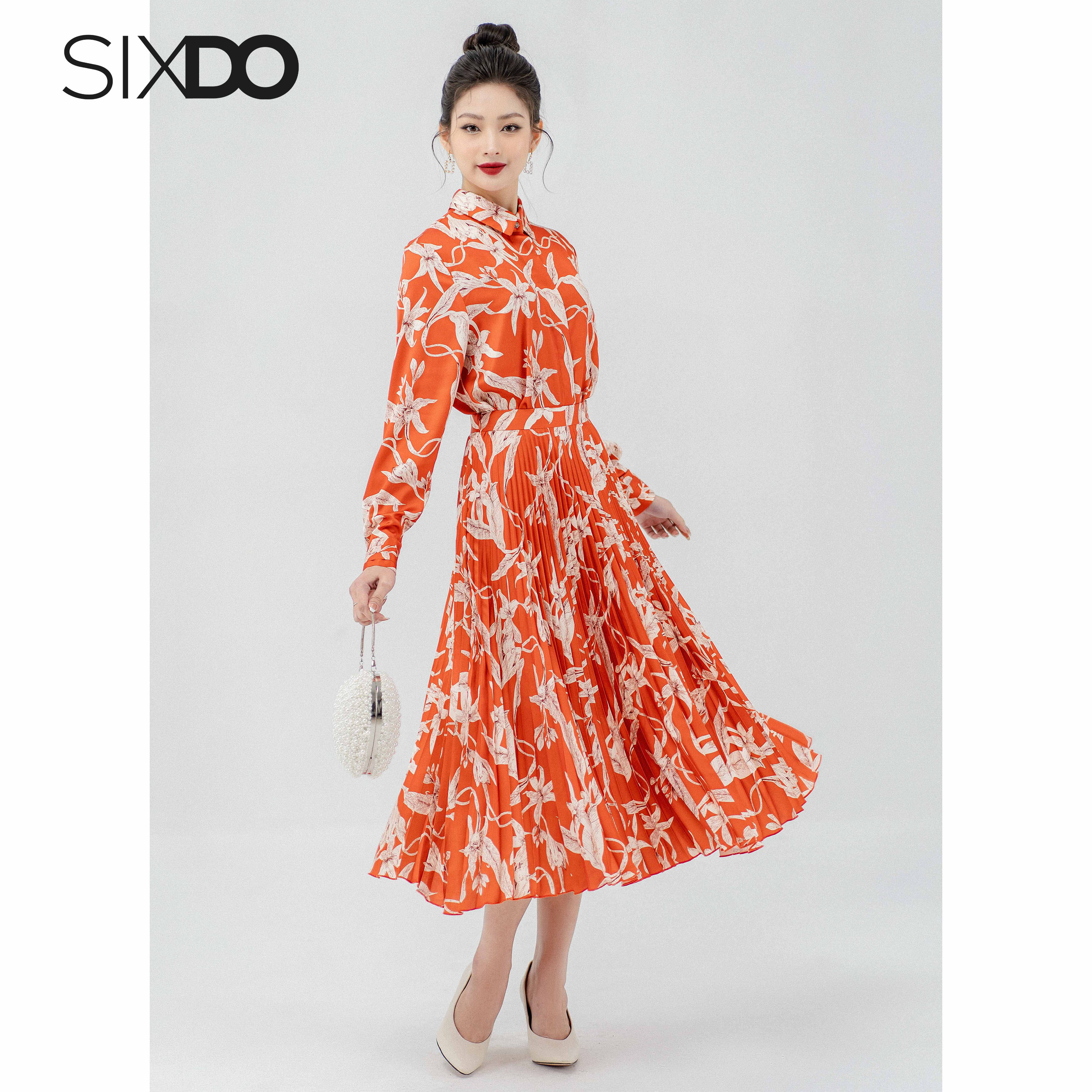 Chân váy lụa cam xếp ly sixdo