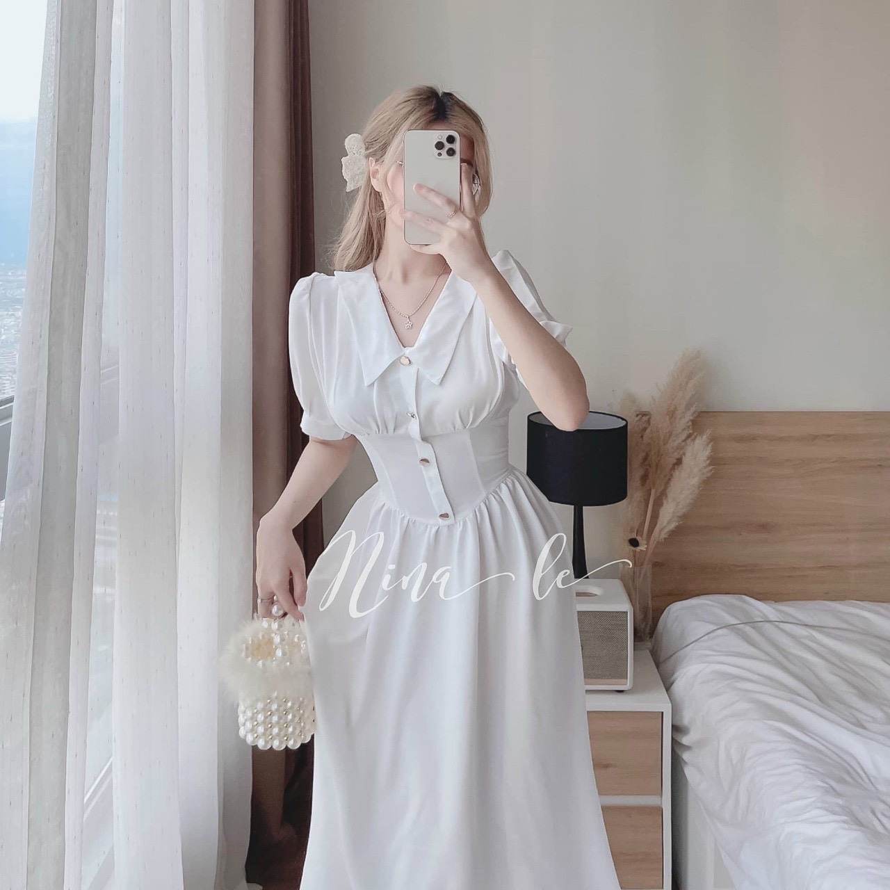HOÀN TIỀN 15% - ĐẦM VINTAGE CỔ BÈO TAY PHỒNG DÁNG MAXI DÀI CỔ ĐIỂN ĐÍNH NÚT CHẤT VẢI UMI