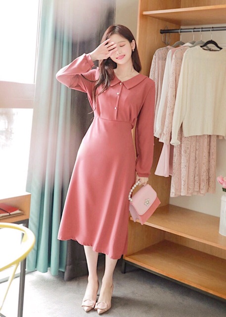 ĐẦM HỒNG RUỐC TAY DÀI, NÚT TRẮNG (có ảnh thật) MS135