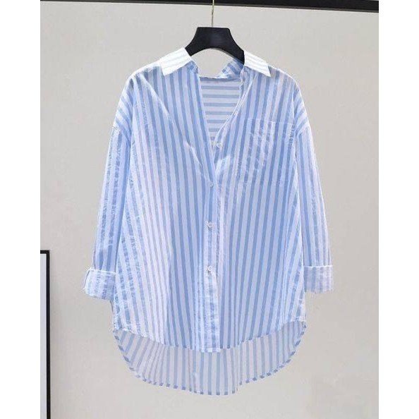 Áo sơ mi kẻ sọc xanh dáng rộng dài tay style Hàn Quốc