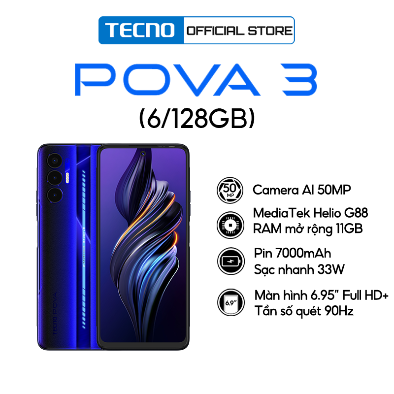 Điện thoại Gaming Tecno POVA 3 (6+5GB)/128GB - Helio G88 | 7000 mAh | Sạc nhanh 33W - Hàng Chính Hãng - BH 13 Tháng