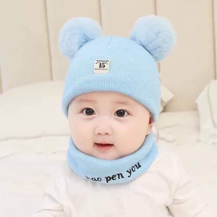 Bộ khăn mũ len hai quả bông cho bé