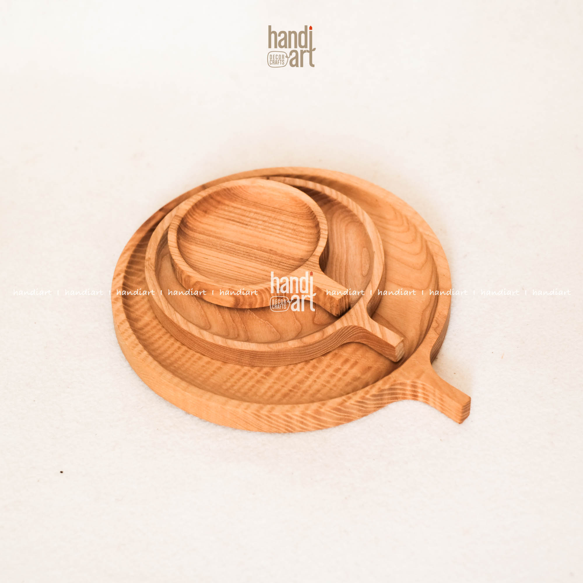 Set of 3 tray round wood handle-tray Wood frequency