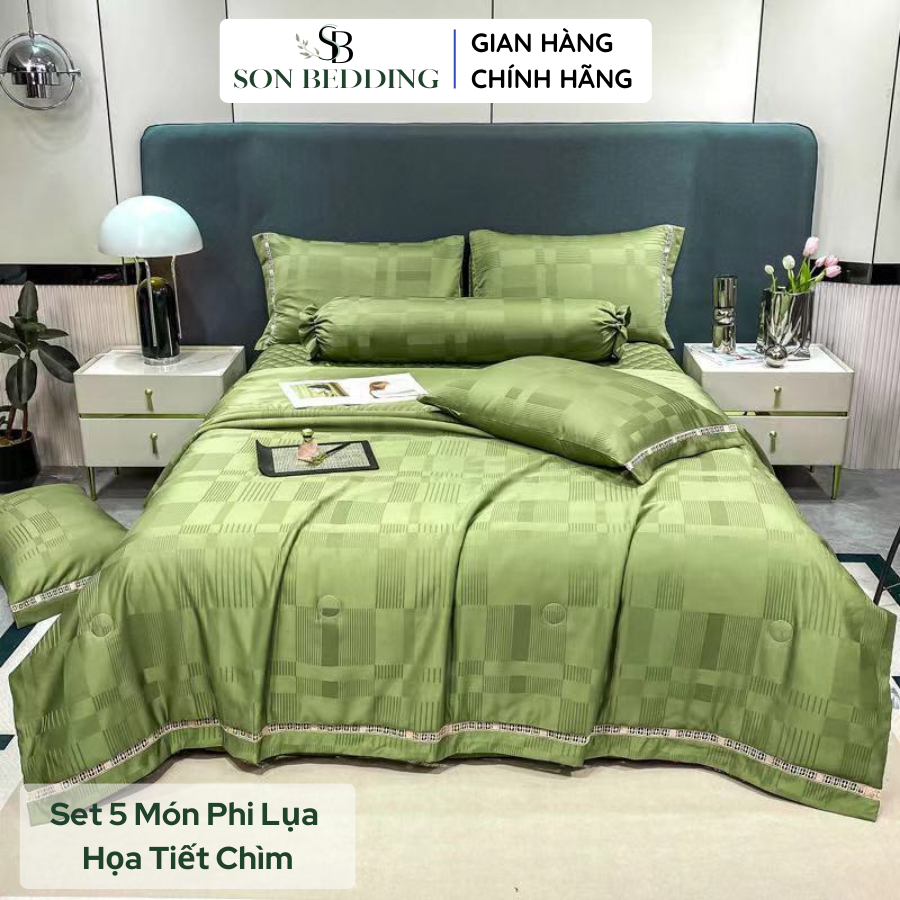 Bộ chăn ga gối phi lụa 5 món, bộ chăn ga gối phi lụa cao cấp chăn chần hè mềm mịn sang trọng
