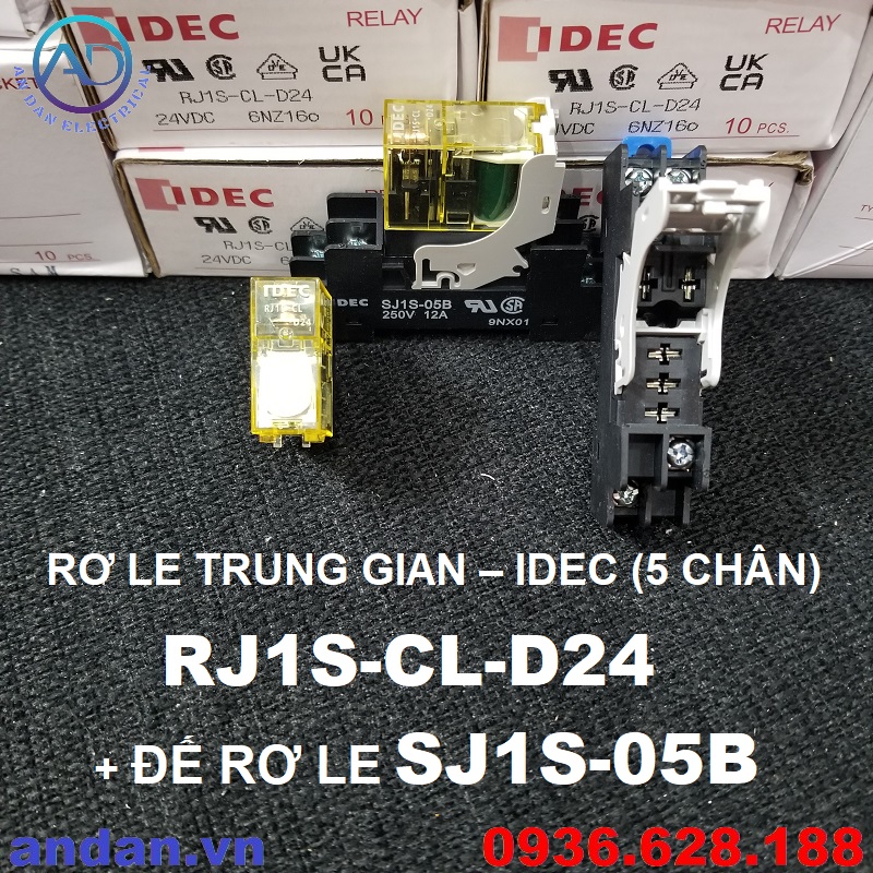 Rơ le trung gian idec có đèn rj1s-cl-d24, 5 chân dẹt, 2 cực, imax = 12a + đế rơ le sj1s-05b