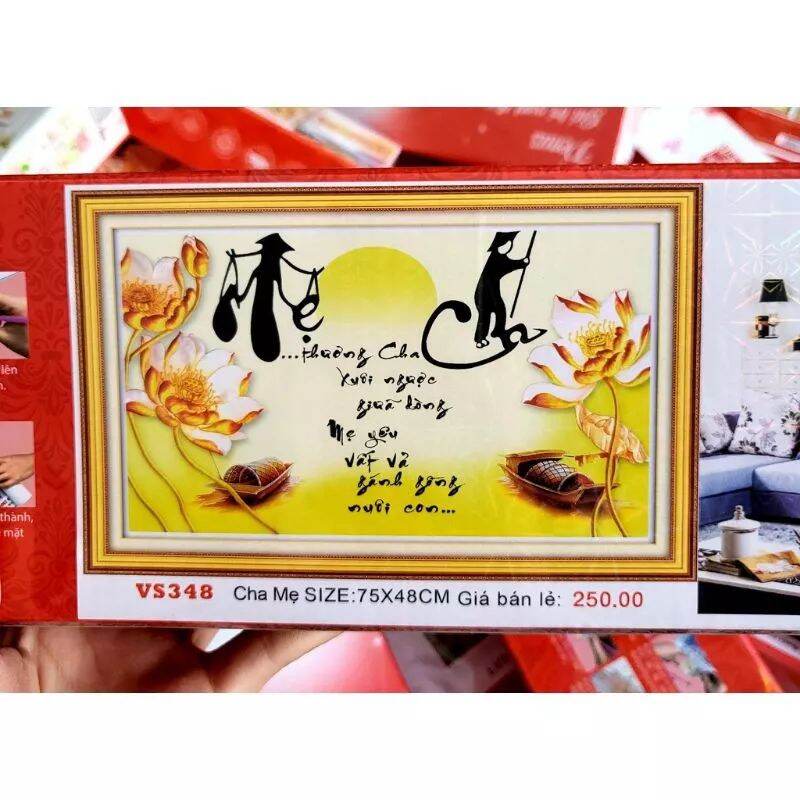 Tranh đính đá - tranh thêu chữ thập cha mẹ gánh gồng LV3450 / VS348 (Tặng kéo và xỏ chỉ )