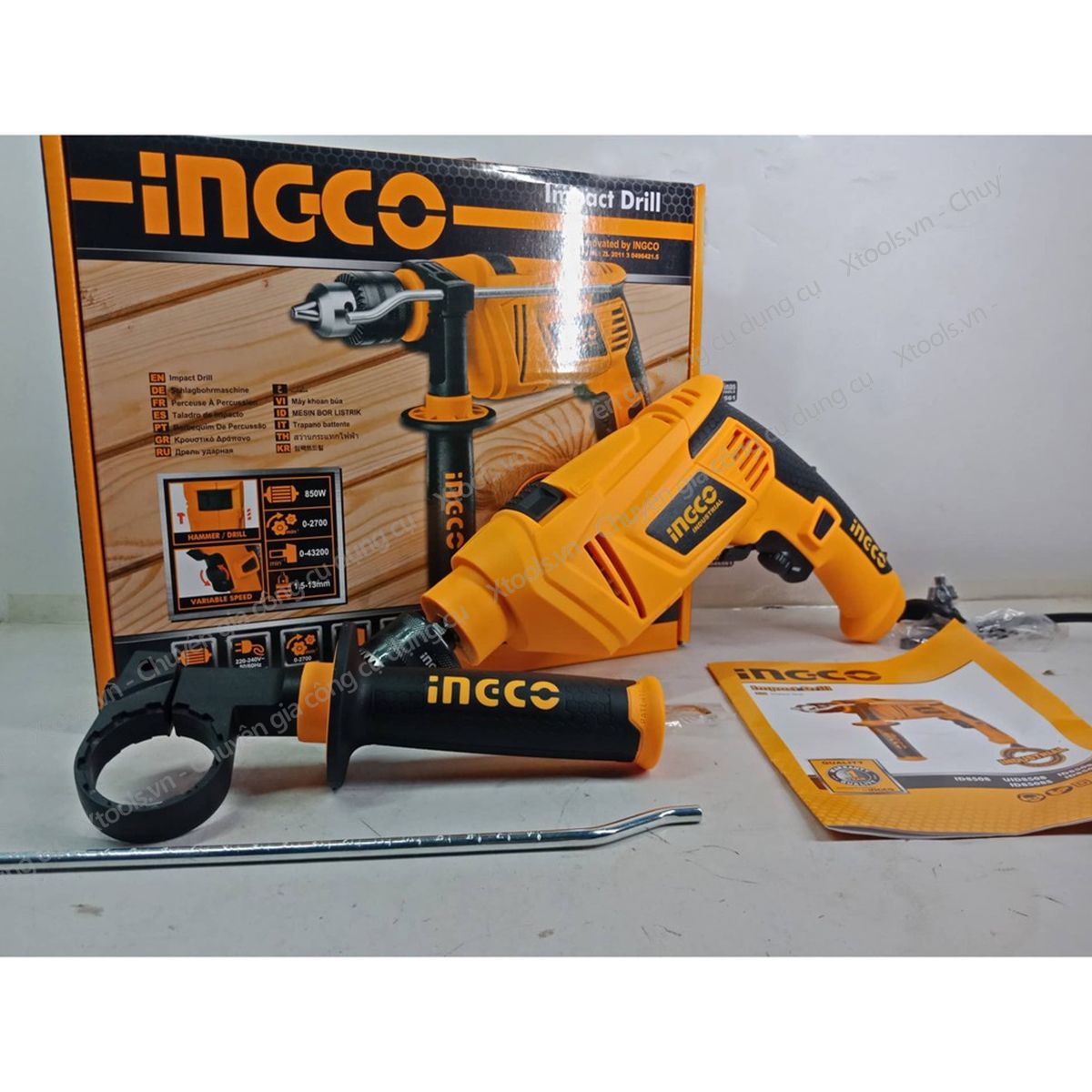 Máy khoan búa cầm tay INGCO ID8508E 850W máy khoan điện có khoan động lực, tốc độ tùy chỉnh, đảo chiều, 0-3000rpm, 13mm