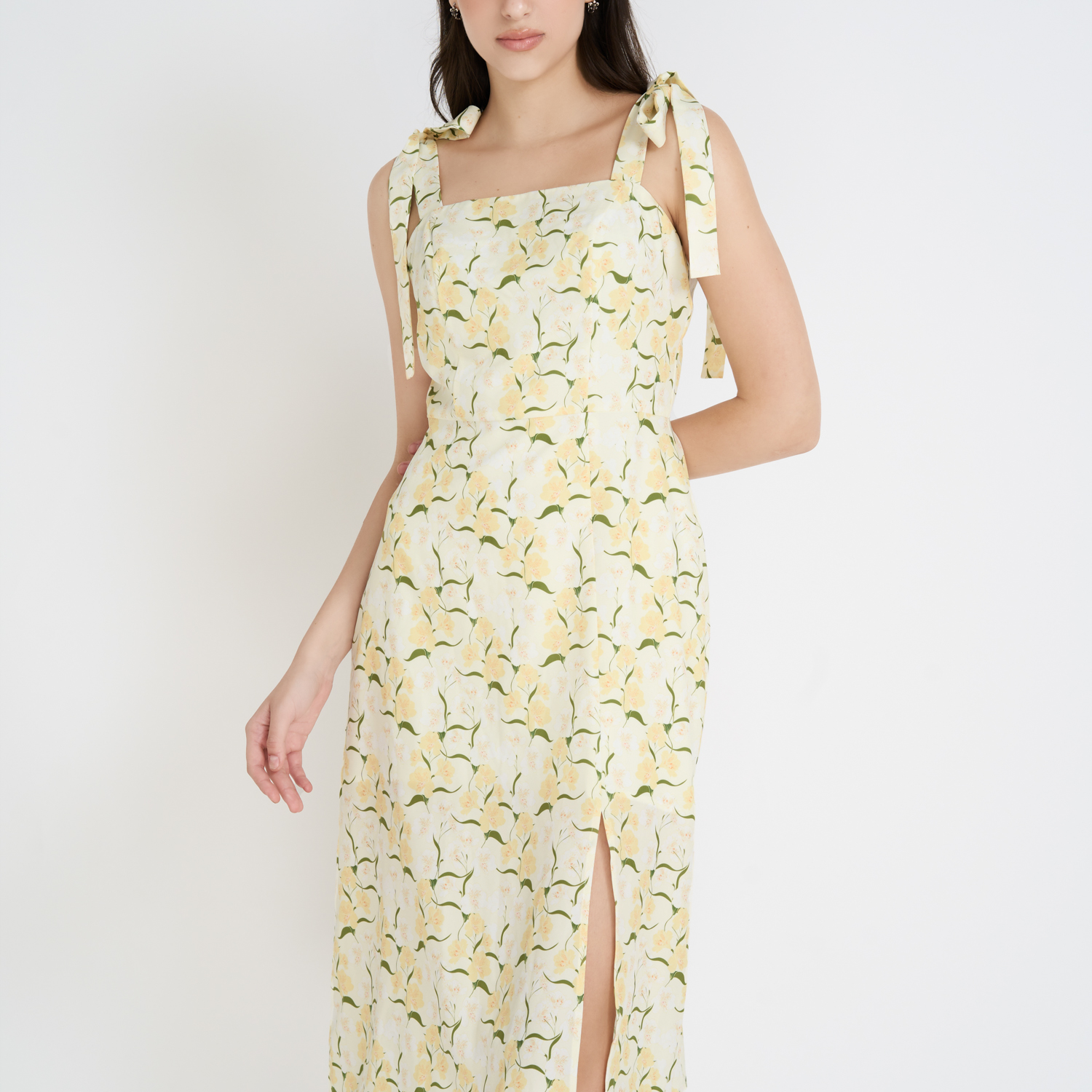 Đầm midi suông lụa cotton in hoa xẻ tà Maybi