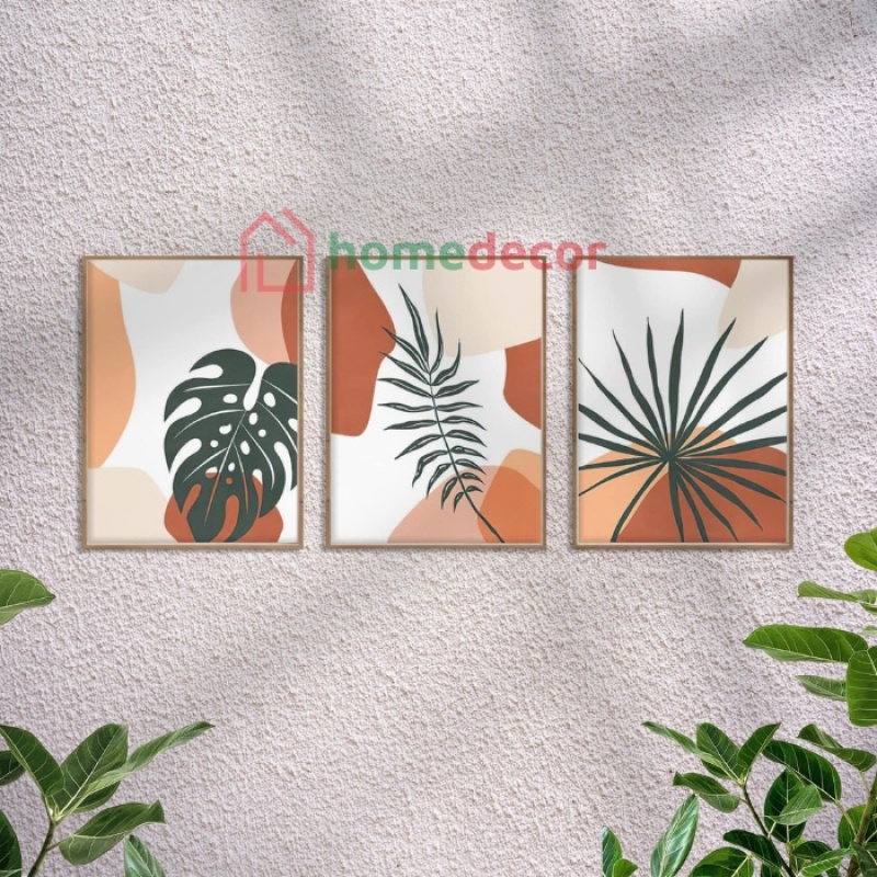 Set 3 tranh treo tường vải canvas phong cách tối giản Boho decor phòng khách phòng ngủ khung composite
