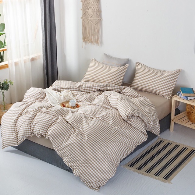 Bộ Chăn Ga Gối Cotton Poly Caro Be