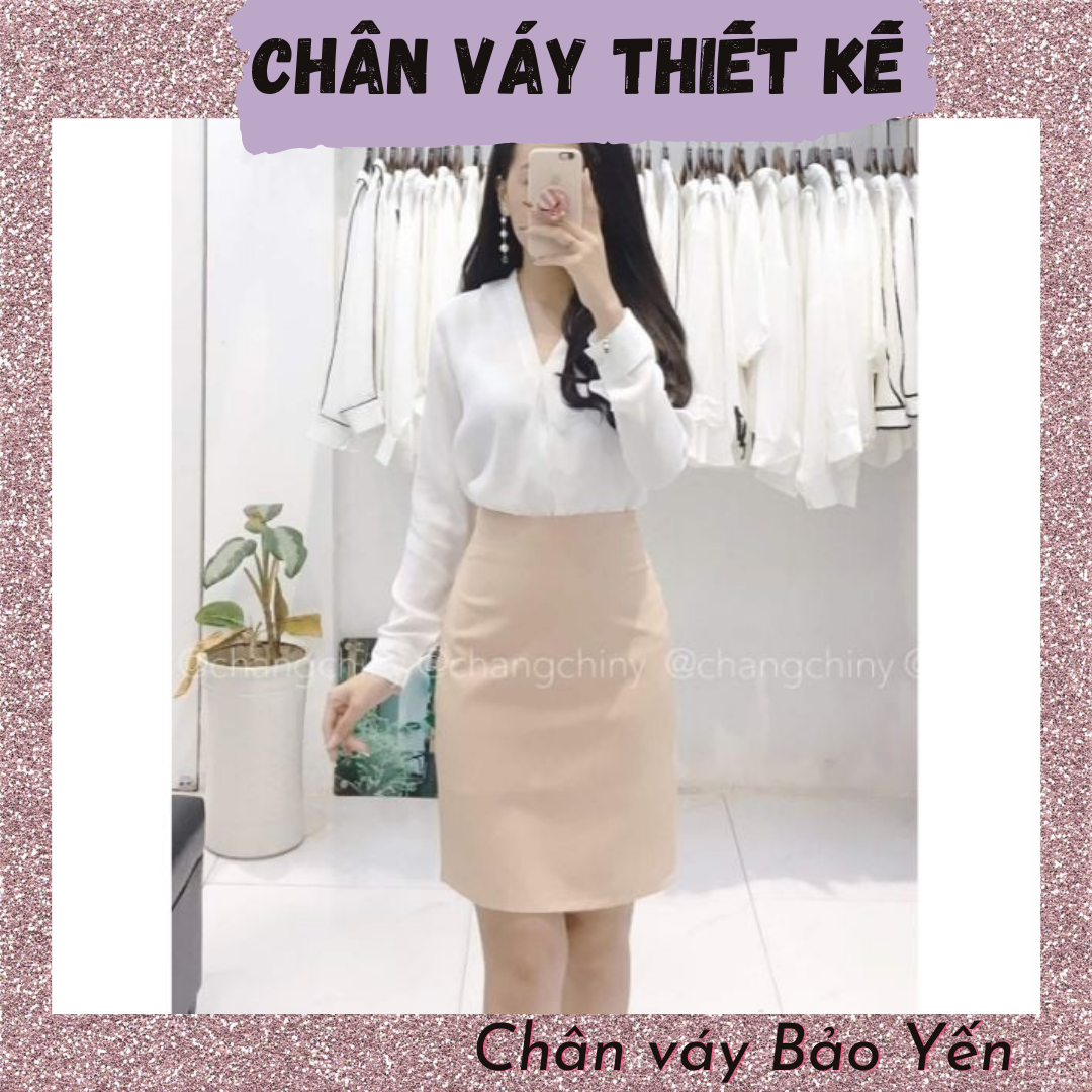 Chân váy bút chì suông màu be trên gối xinh xắn