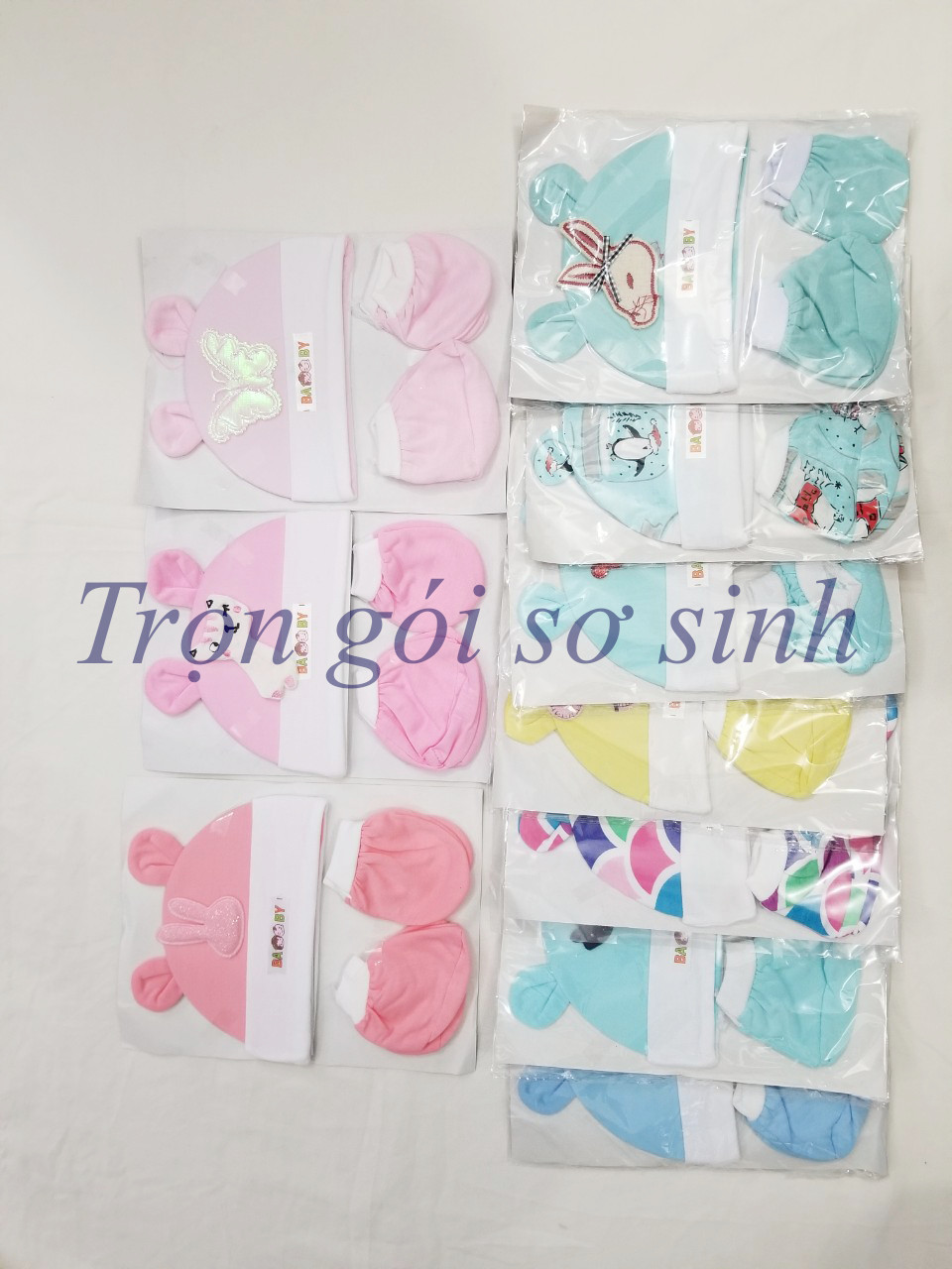 Sét nón bao tay chân rẻ chất cotton có lựa chọn từng màu ( 1 nón+1 đôi tay+1 đôi chân)