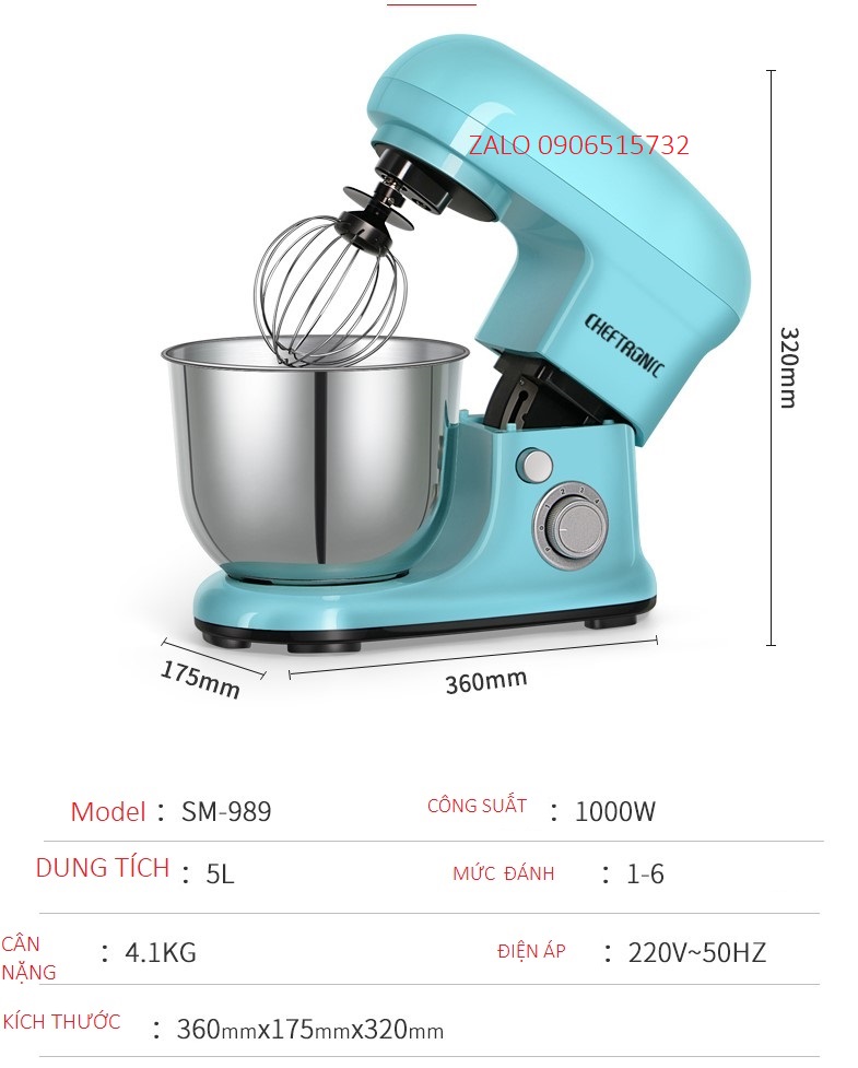 MÁY ĐÁNH BỘT, QUẾT THỊT ,chà BÔNG HÃNG CHEFTRONIC 5L 1000W