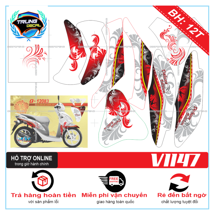 Tem trùm xe vision 2012 hoa văn trắng đỏ