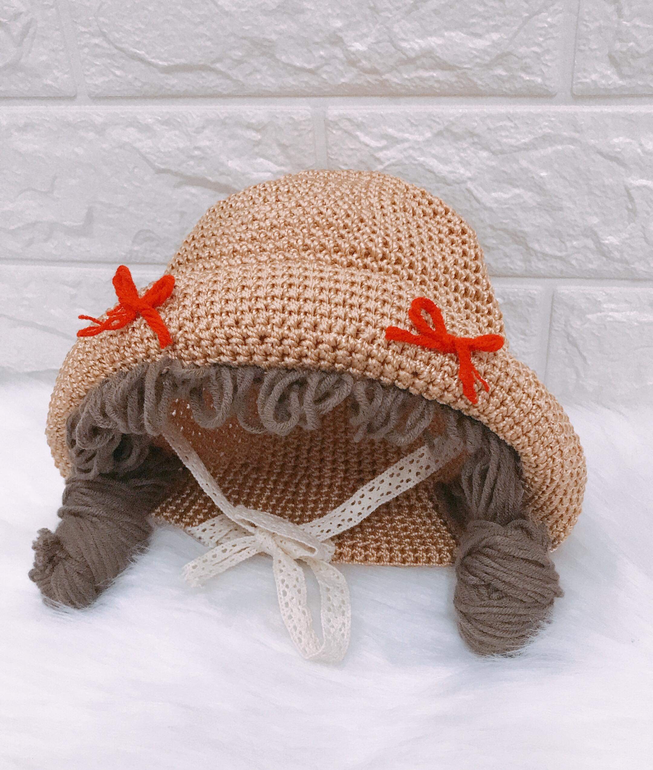 Nón mũ cói vành nơ đỏ tóc búi cho bé - loại đẹp (4-6m)