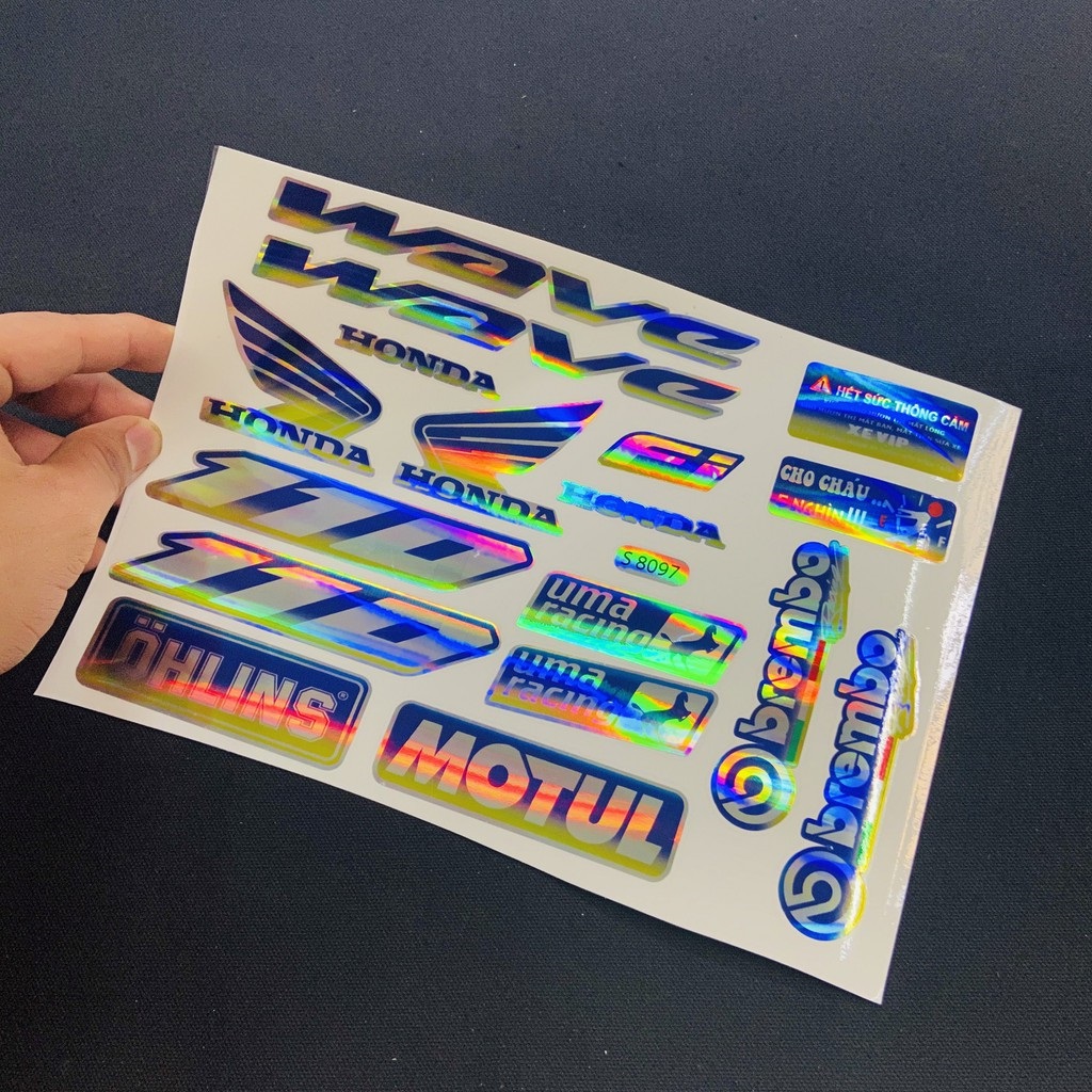 TRỌN Bộ tem logo, tem crom bóng phản quang dán xe máy WAVE (NHIỀU STICKER)