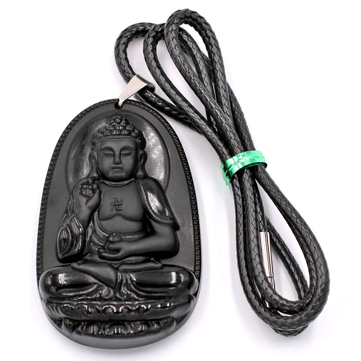 Mặt dây chuyền Phật bản mệnh A Di Đà thạch anh đen 5cm - Phật bản mệnh tuổi Tuất, Hợi - Mặt size lớn - Tặng kèm móc inox
