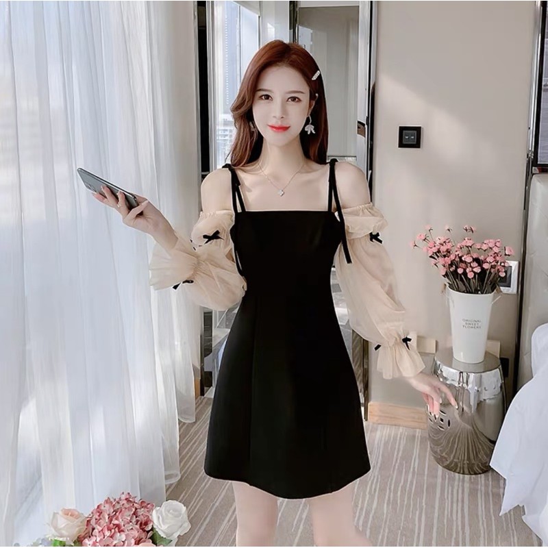 [HCM]Váy đen tiểu thư tay lưới đính nơ ❤️❤️❤️