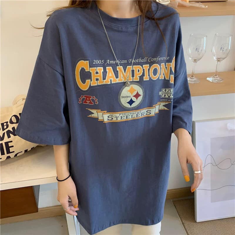 Áo thun in chữ cham xám đậm - áo thun tay lỡ form rộng unisex 38-65kg nam nữ