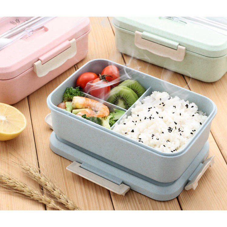 Hộp Đựng Cơm Chia 3 Ngăn Lúa Mạch Giữ Nhiệt Tặng Kèm Đũa Thìa, Hộp đựng cơm Lúa Mạch 3 ngăn văn phòng tặng kèm thìa và đũa inox