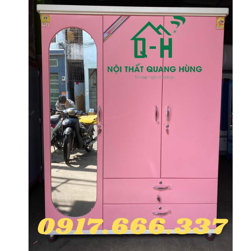 Tủ sắt tĩnh điện trung hưng 3 cánh hồng cao cấp dành cho gia đình