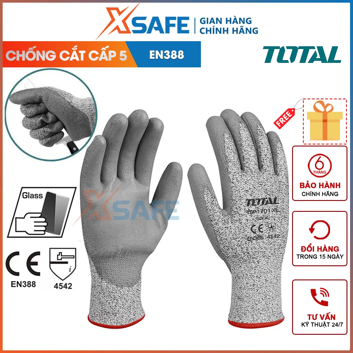 Tsp1701-xl 5 total tsp1701-xl anti-stab proof Pu work safety glove with non-slip coating, no irritation to the skin