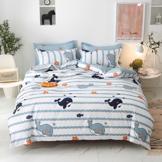 Bộ chăn ga gối cotton 3D hoạt hình 4 món mẫu cá heo EMMIBEDDING STORE
