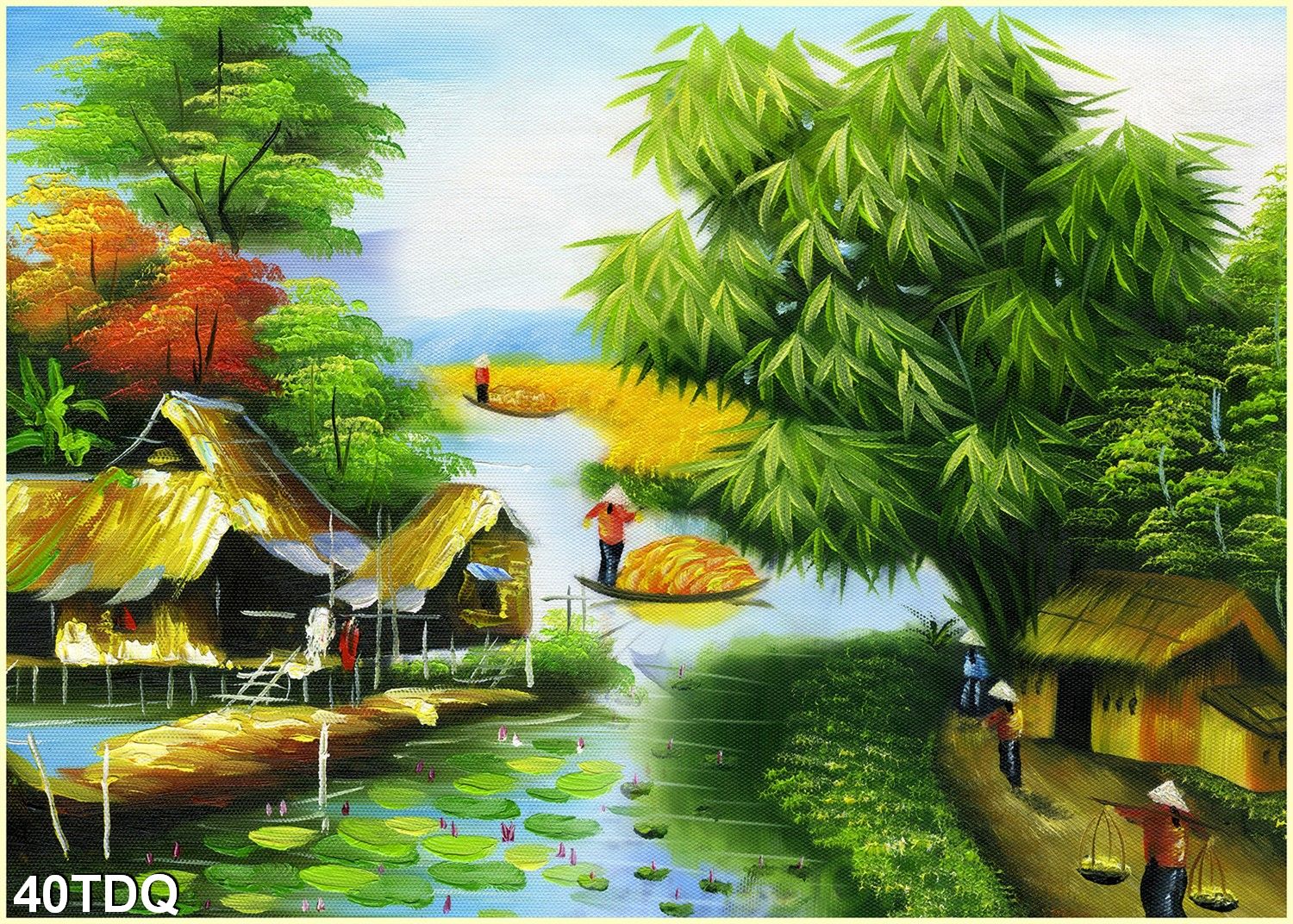 Tranh dán tường phong cảnh làng quê việt nam giả sơn dầu, tranh đồng quê , tranh quê hương, t